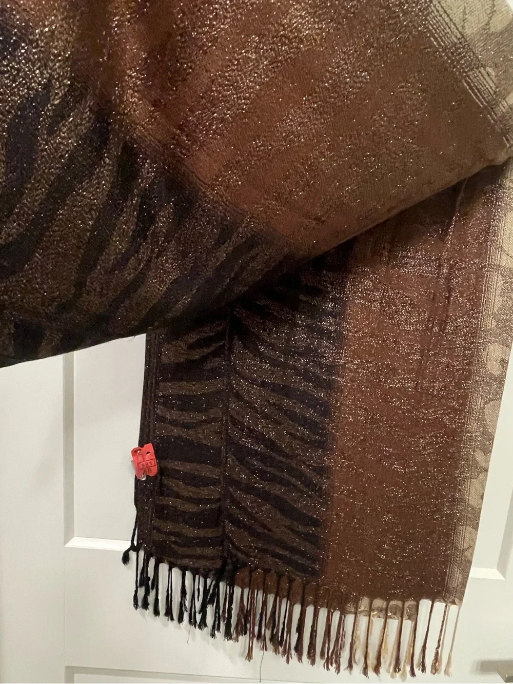 EUC Versatile Brown Patterned Fringe Scarf with animal print & textured panels